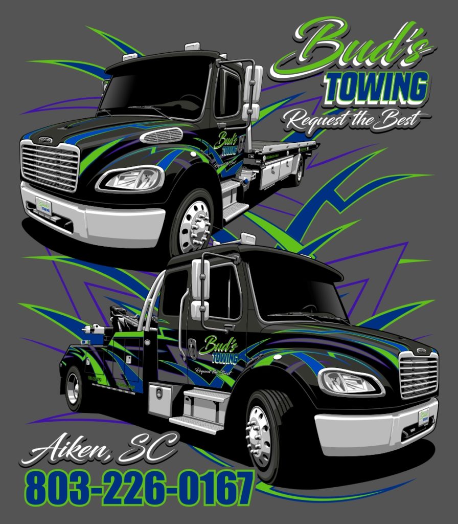 Buds towing trucks graphic- request the best